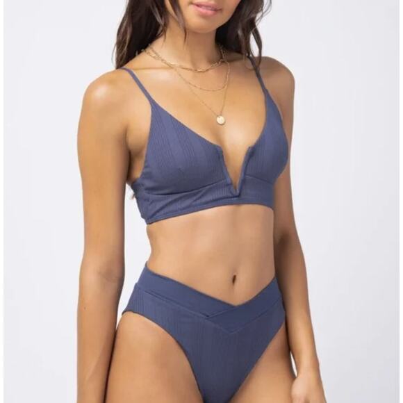 L*Space Anthropologie Blue Grey Siren Ribbed V-Neck Pintelle Bikini Top - Picture 5 of 5
